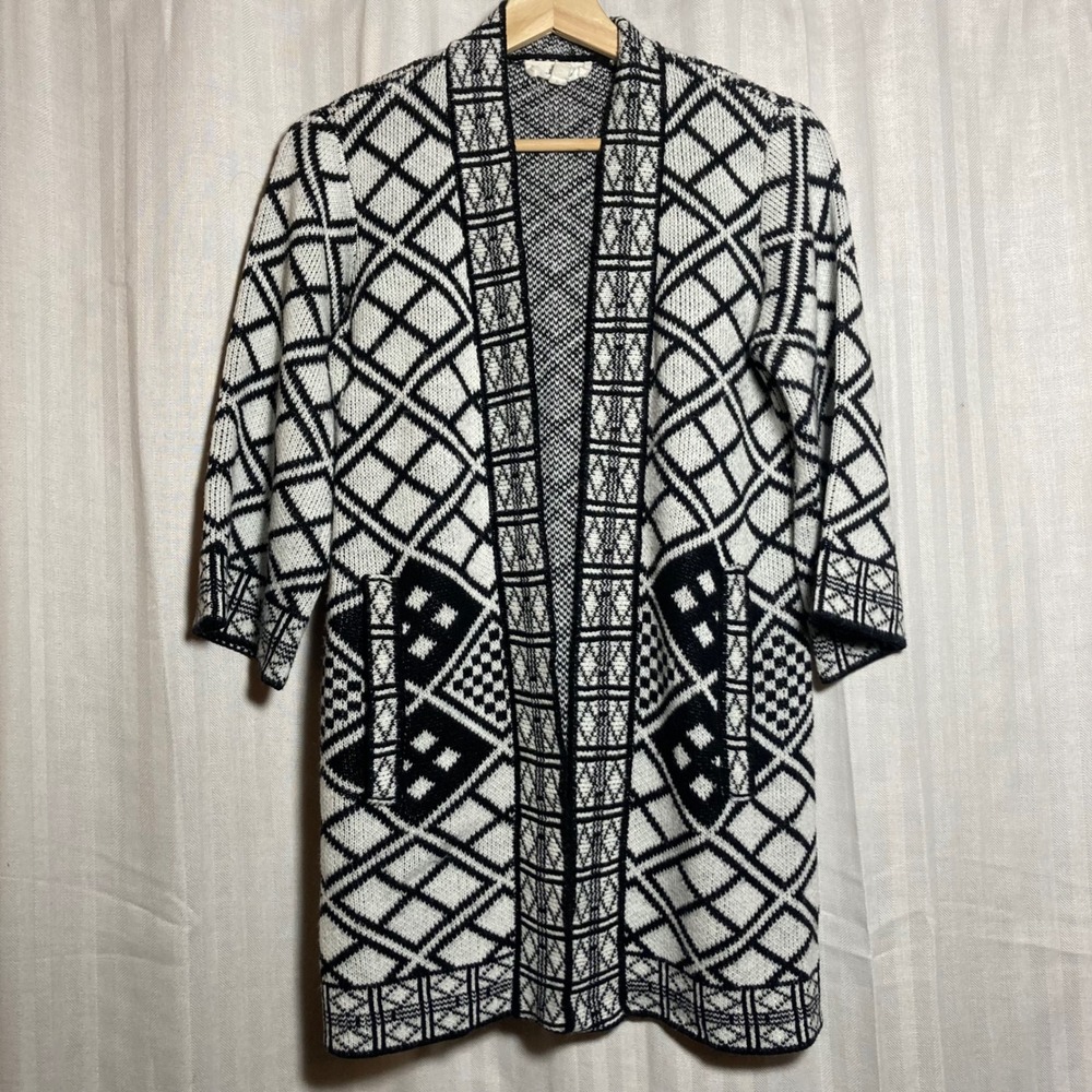 Cloud Chaser Womens Black White Geometric Diamond Open Front Cardigan Sweater S